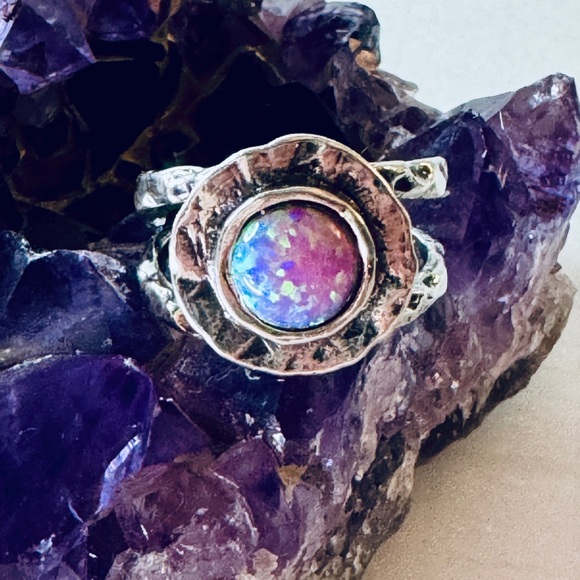 Vintage Jewelry - Pink Opal and Sterling Silver Organic Ring Size 8 Vintage Estate Silver Opal